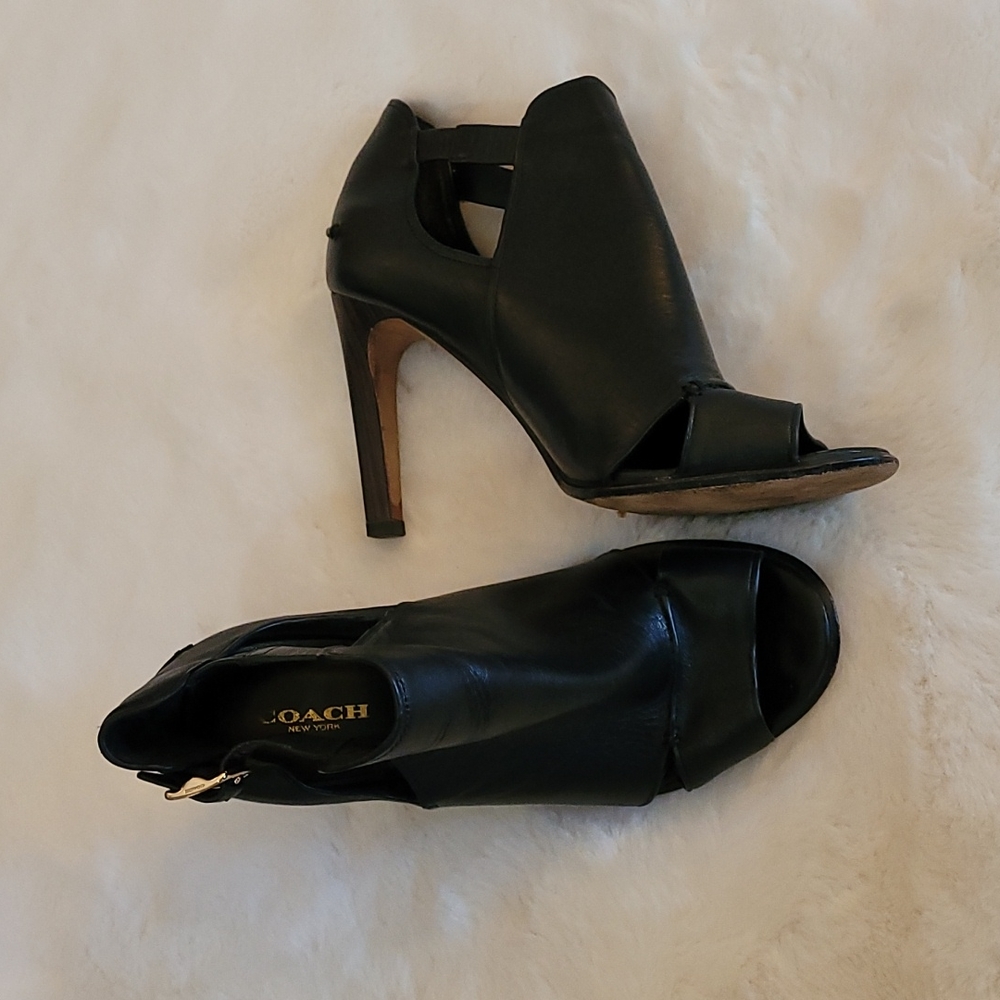 Coach Black Leather Peep Toe Ankle Strap Booties Size 8